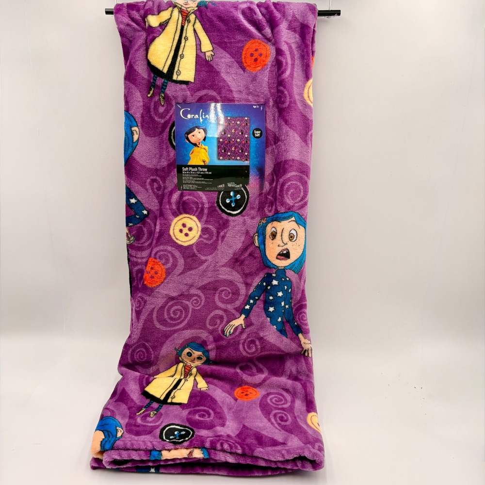 Coraline LAIKA Soft Plush Throw Blanket 50x70 Purple Halloween Print New